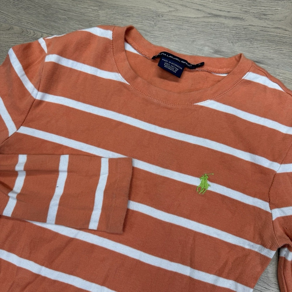 Y2K Ralph Lauren Sport Orange White Stripe L/S T Shirt Sz S Pony Bella Swan Spri